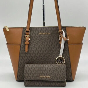 Michael Kors Large Charlotte Tote Bag & Large Trifold Wallet Brown
